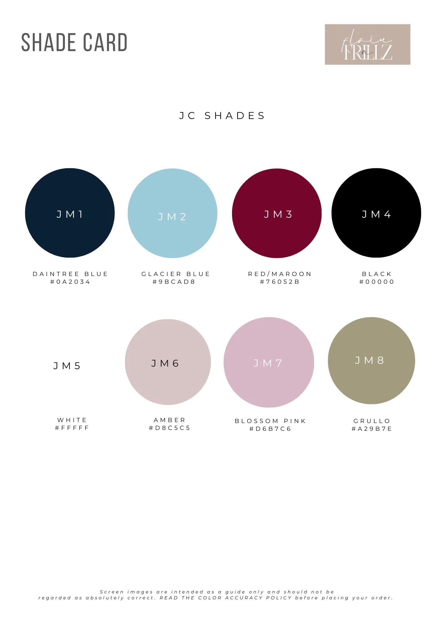 Shade card with eight color samples: daintree blue, glacier blue, red maroon, black, white, amber, blossom pink, and grullo.