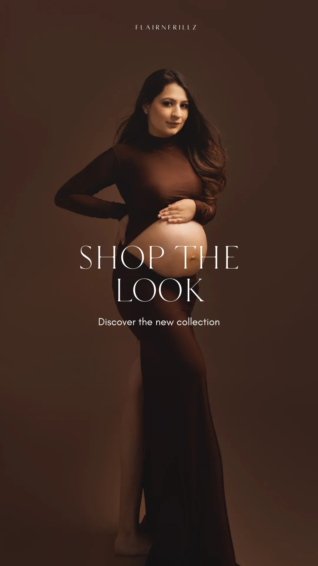 Pregnant woman in elegant long brown maternity gown posing against a brown background