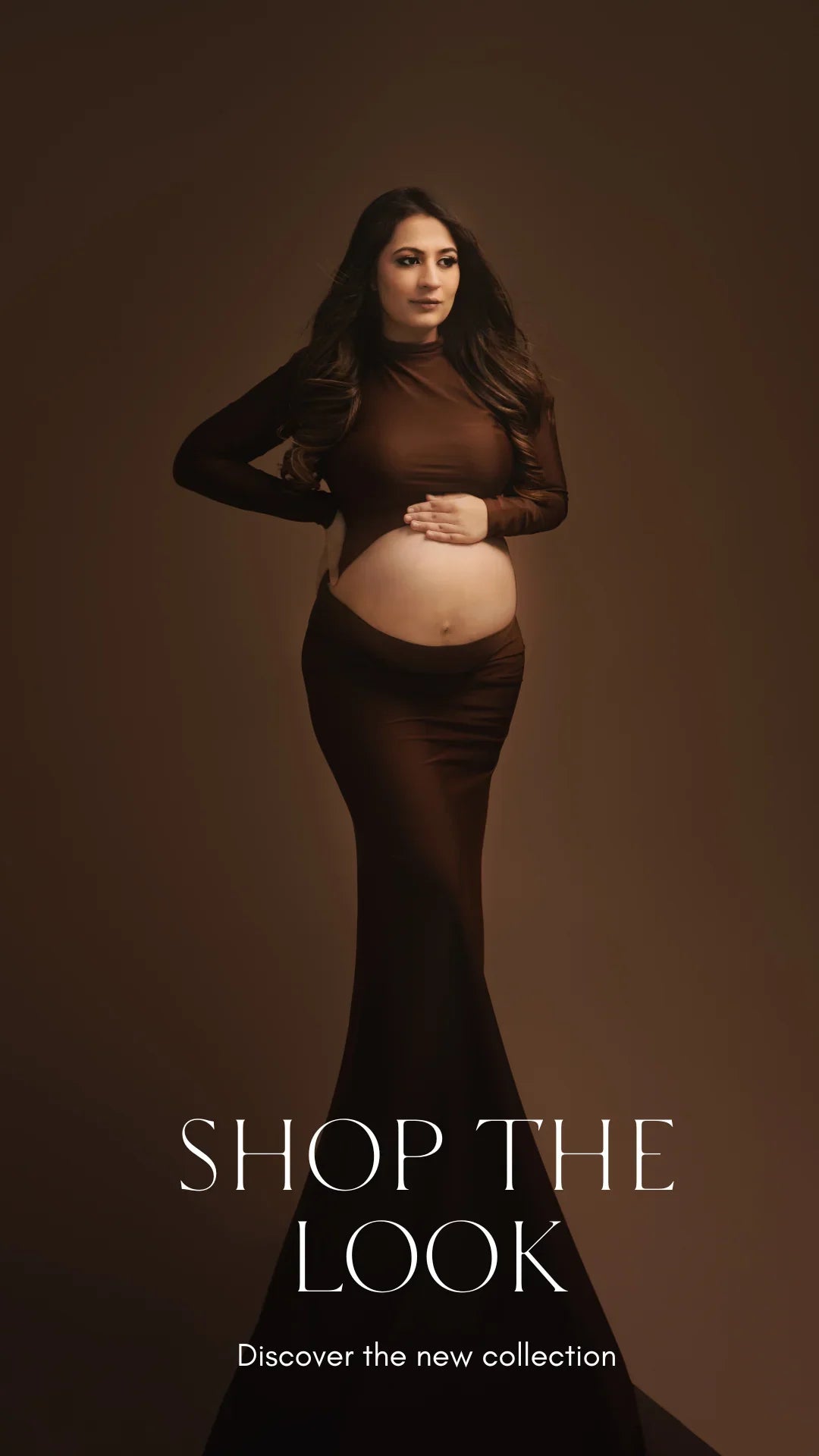 Pregnant woman in elegant brown maternity gown, styled hair, neutral background