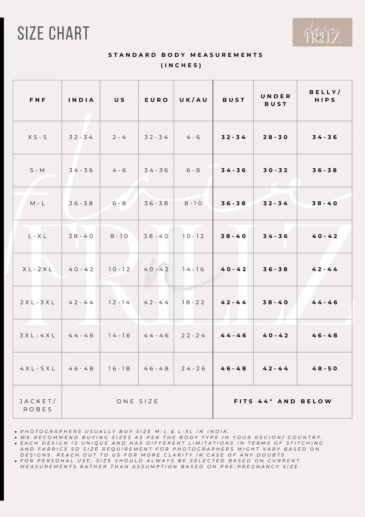 Size chart for FlairNFrillz Deborah Gown maternity dress, showing measurements and sizing options for expectant mothers.