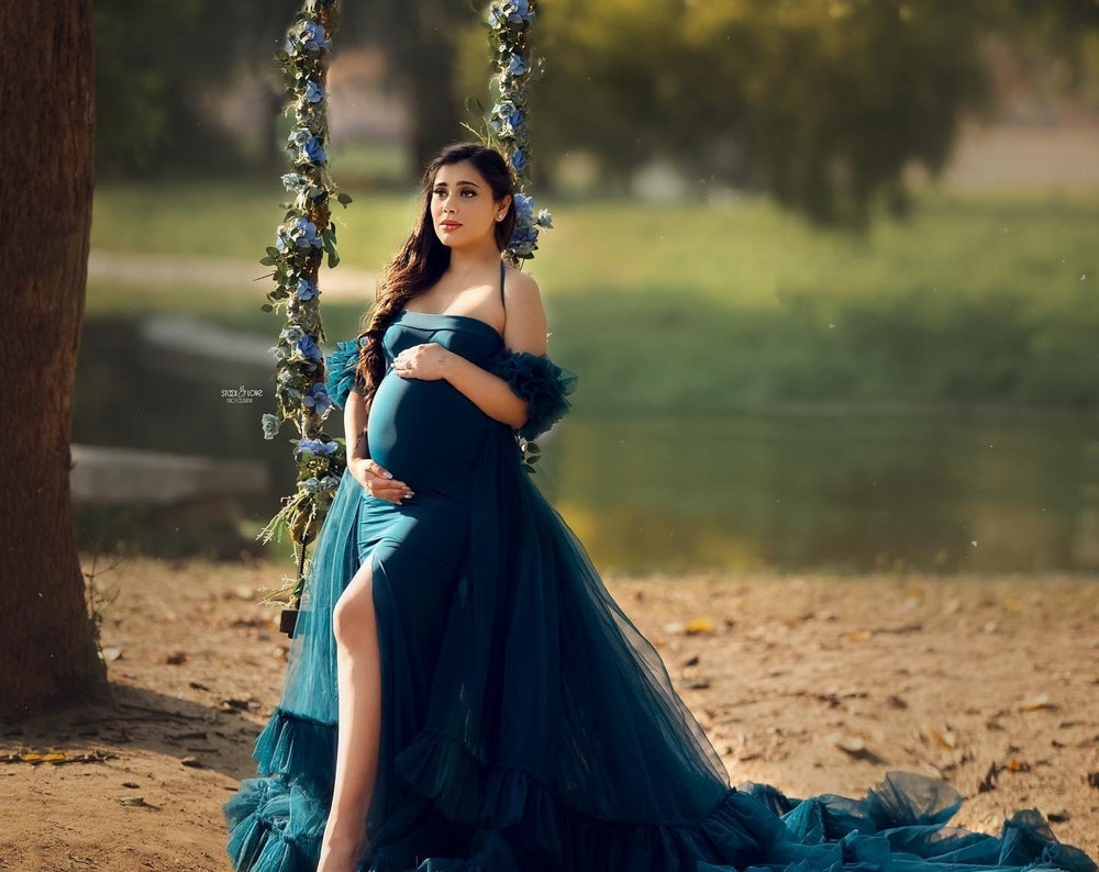 Teal Blue Maternity Gown (Inner Tube & Net Cape Combo)