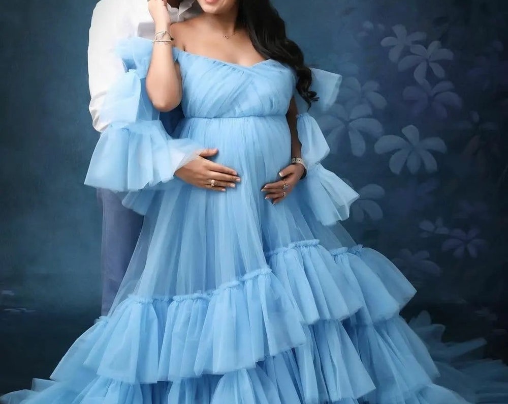 Blue Maternity Gown (with Detachable Sleeves)