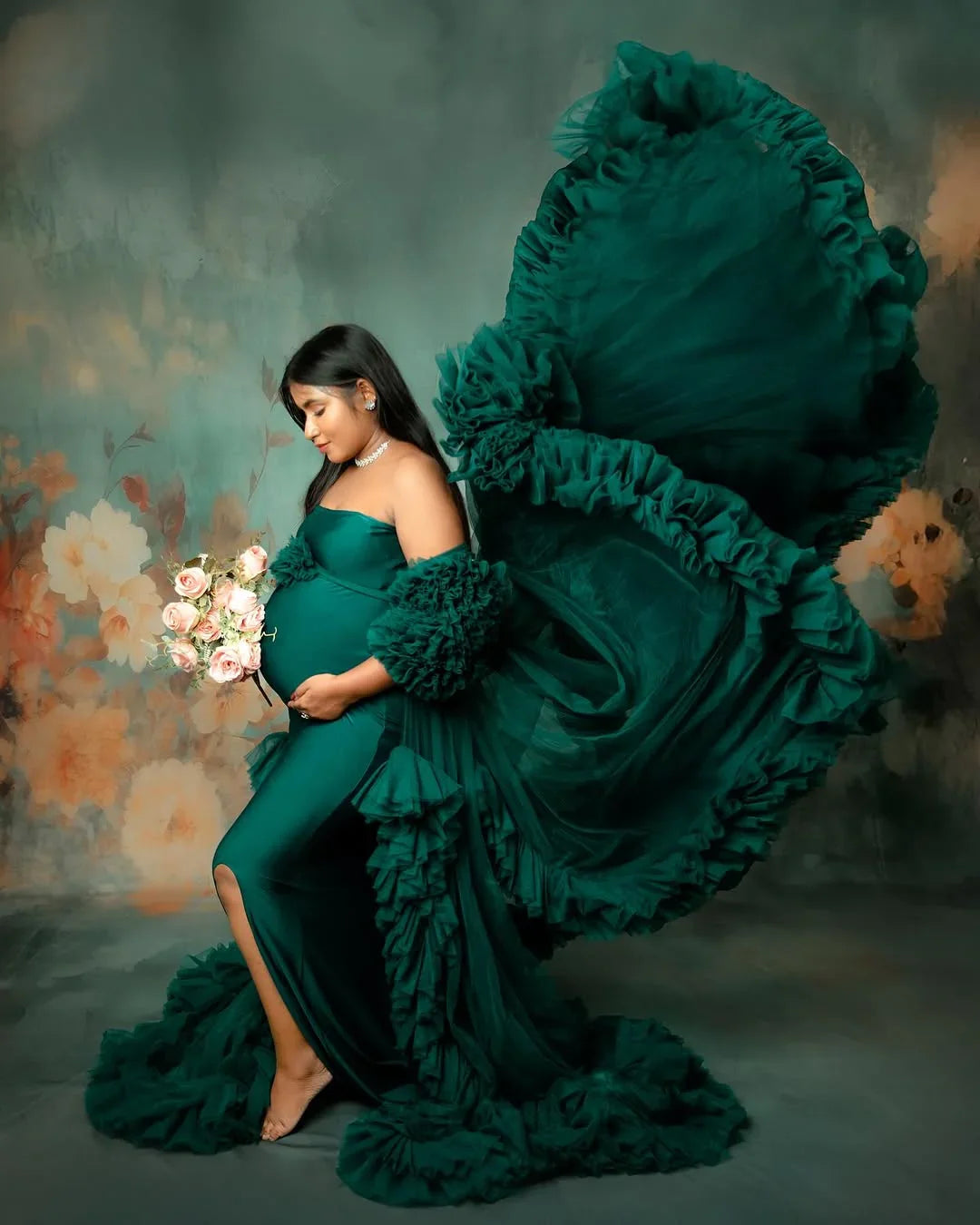 FlairNFrillz Adriana Maternity Robe Gown with floral pattern, flowing fabric, perfect for expecting mothers.