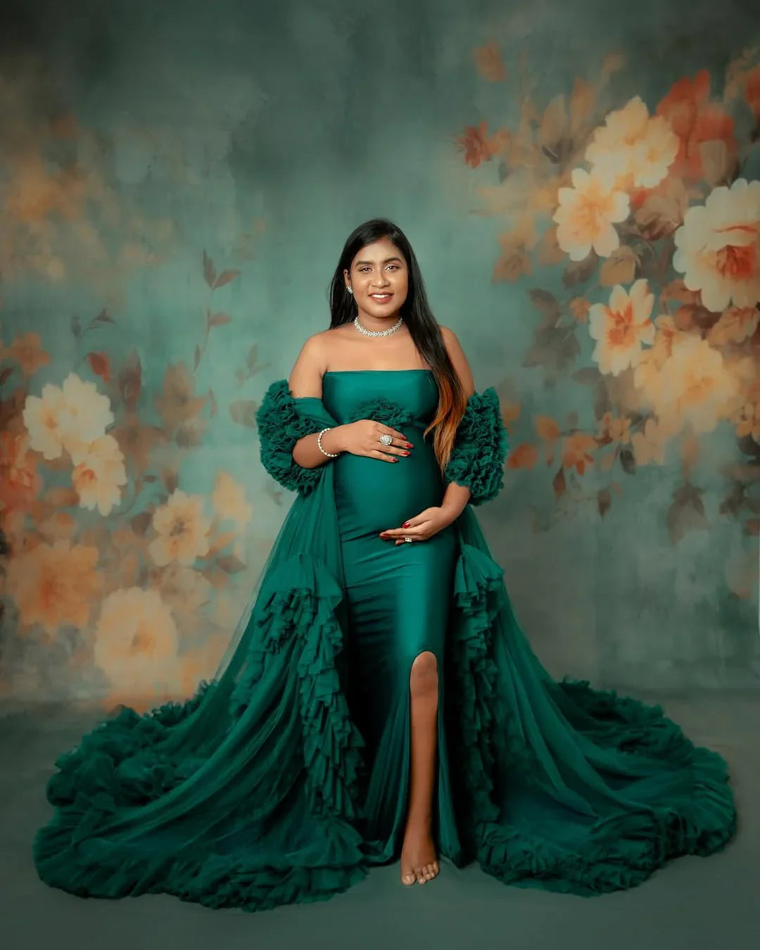FlairNFrillz Adriana Maternity Robe Gown with flowing fabric and elegant design, perfect for comfortable maternity wear.