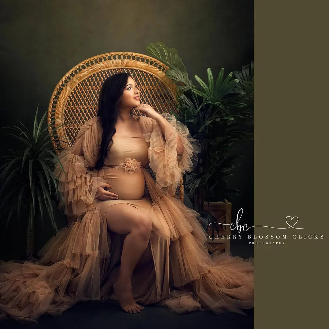 FlairNFrillz Sofia Nude Maternity Robe Gown with soft fabric and elegant design, perfect for comfortable, stylish maternity wear.