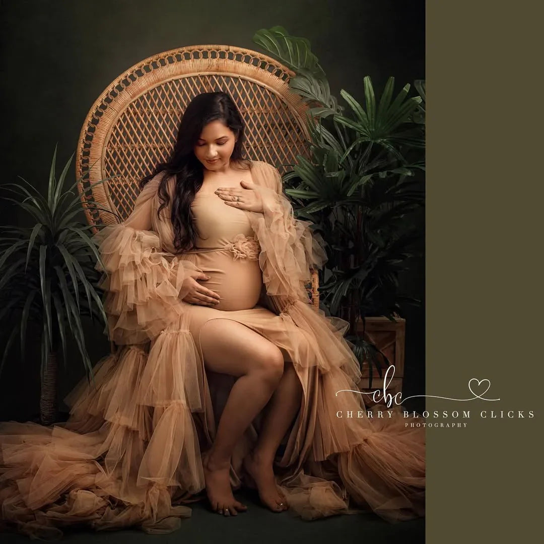 FlairNFrillz Sofia Nude Maternity Robe Gown with flowing fabric and elegant design, perfect for maternity wear.