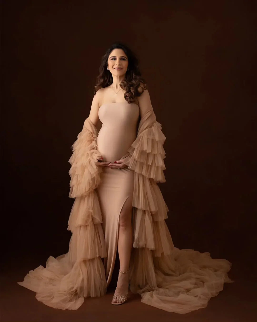 FlairNFrillz Sofia Nude Maternity Robe Gown, soft fabric with flowing design, perfect for expecting mothers, stylish and comfortable.