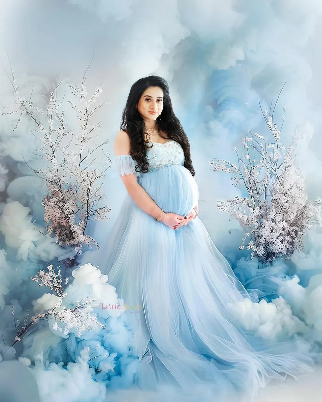 FlairNFrillz Kaya Blue Sequin Maternity Dress with elegant design and shimmering sequins, perfect for special occasions.