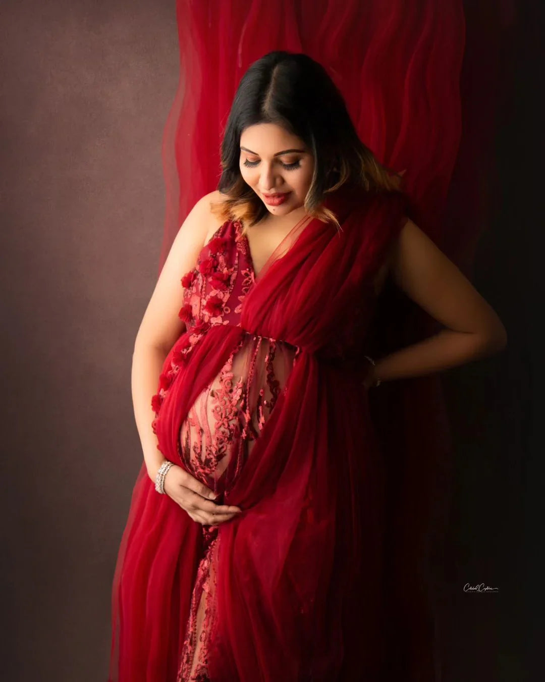 Maroon maternity gown by FlairNFrillz featuring a flowing design and elegant fit, perfect for expecting mothers.