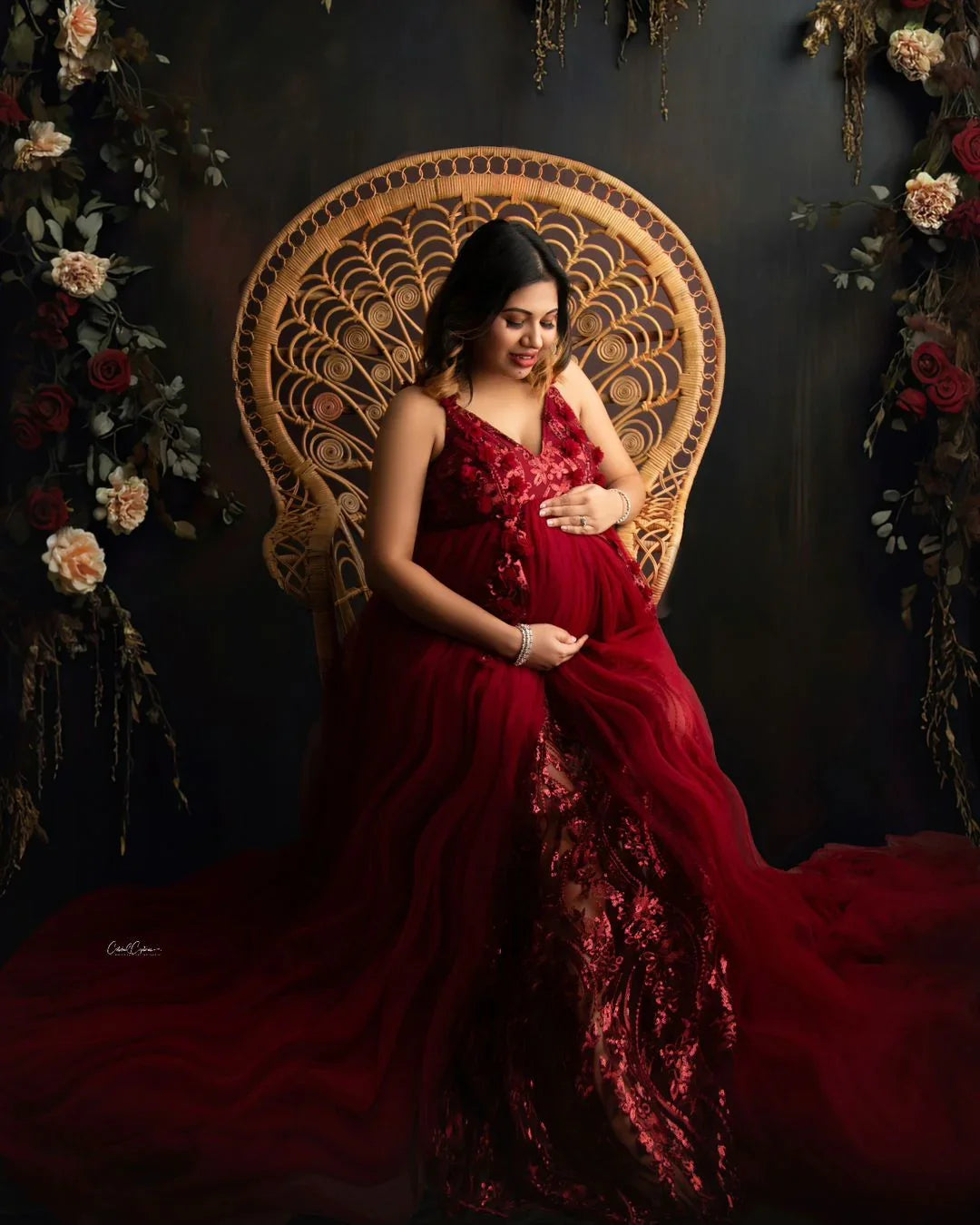FlairNFrillz Ava Maroon Maternity Gown with flowing fabric and elegant design, perfect for expecting mothers.